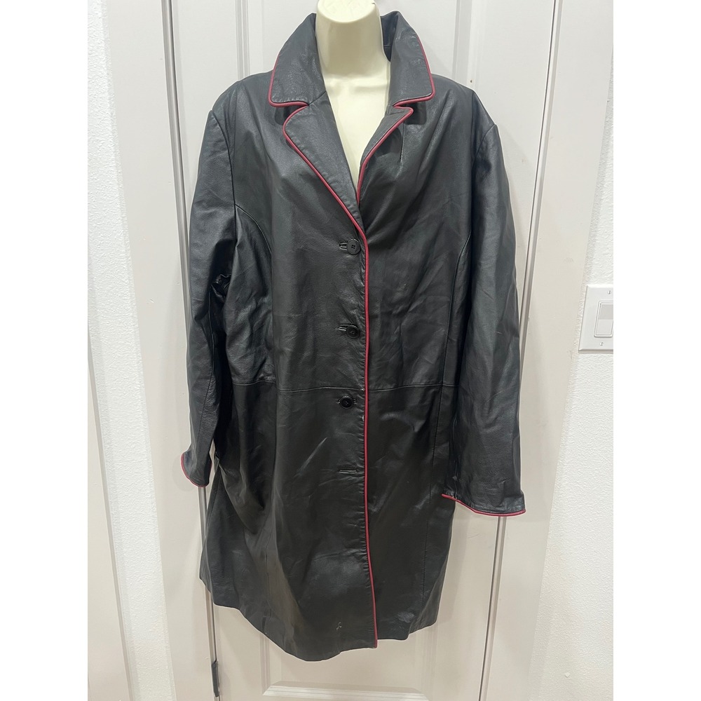Mens Black Leather Trench‎ Coat Pink Trim Duster Jacket Outerwear Venezia